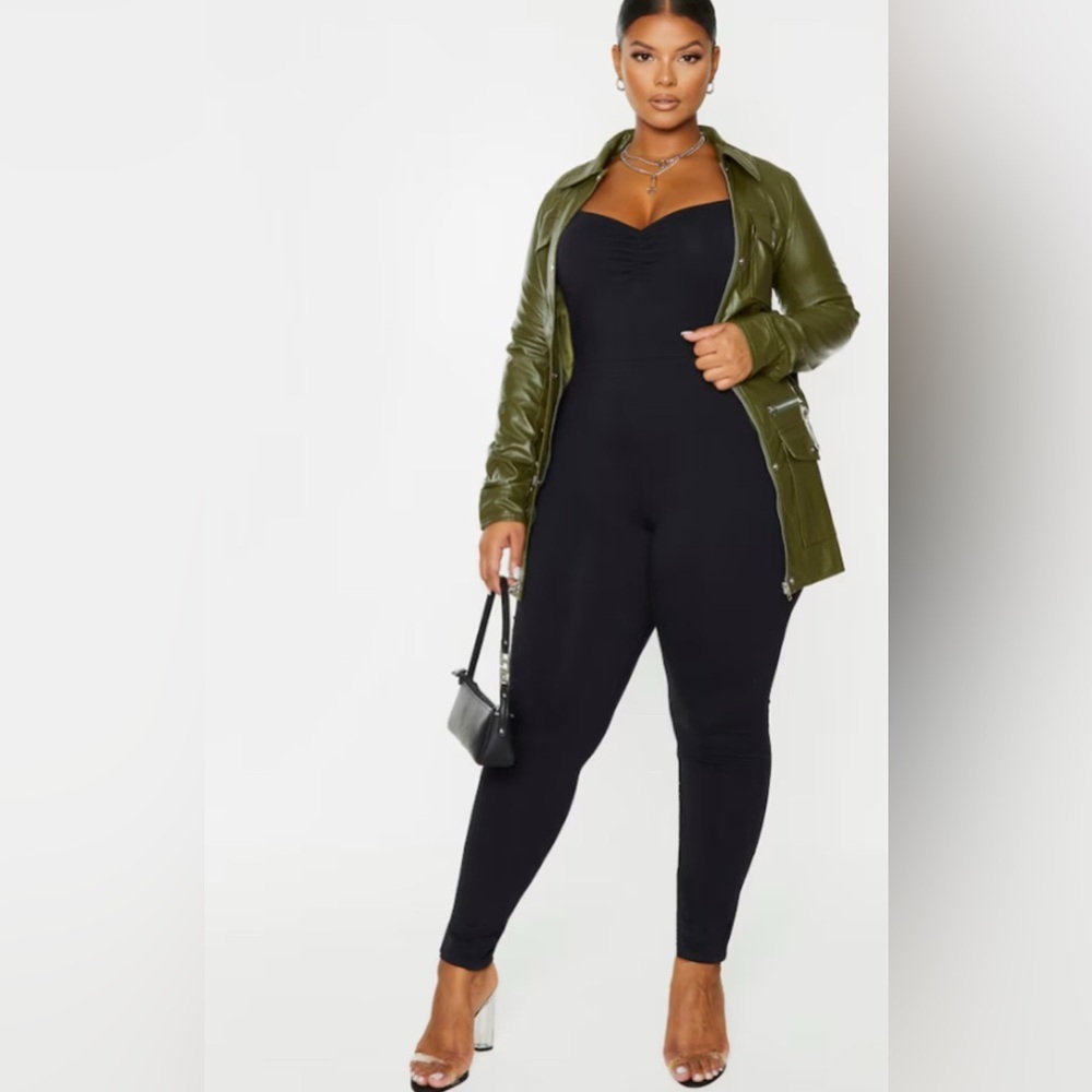 PrettyLittleThing Plus Black Cotton Ruched Bust Jumpsuit